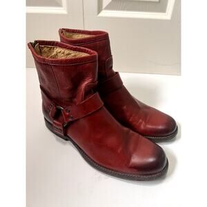FRYE Y2K Riding Biker Strap Ankle Boots Phillip Harness Red Leather Size 9